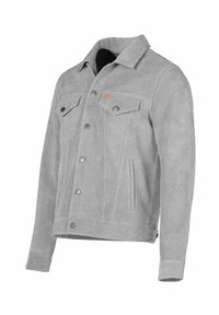 Hall siidist jope kraega kaeluse, kahe rinnatasku, pressnuppude ja siledapinnalisena. Omab küljetaskuid ja lühendatud lõiget.