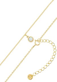 Kuldne kaelakee, millel on väike ümmargune opaalripats, kindel kinnitis ja reguleeritav ahelapikkus erinevate sobivuste jaoks.