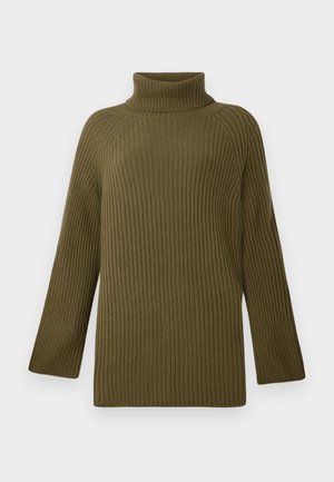 Maglione a collo alto a coste color verde oliva con maniche lunghe e vestibilità rilassata, caratterizzato da un colletto alto e un motivo a maglia testurizzato.