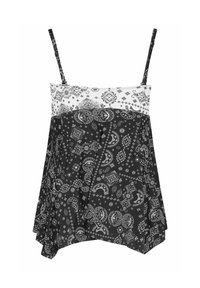 Mouwloos zwart-wit top met paisleyprint, verstelbare dunne bandjes en een vloeiende asymmetrische zoom.