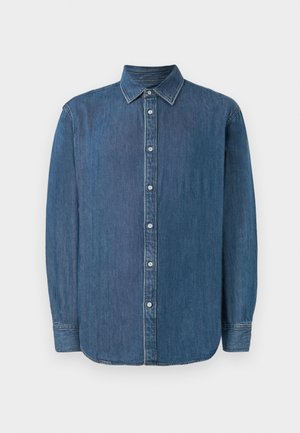 Denim shirt, dark blue, long sleeves, classic collar, front buttons, and a straight hem. Fabric texture appears smooth with a slight sheen.