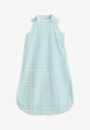 Ärmelloser Babyschlafsack mit mintgrünem Karomuster und kleinen rosa Schleifendrucken, mit Druckknöpfen an den Schultern.