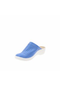 Zuecos azul perforados con parte superior sintética lisa, suela blanca flexible y un diseño contorneado para mayor comodidad y apoyo.