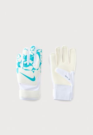 Paire de gants de gardien Nike blancs et bleus, l’un montrant le dos avec un motif graphique, l’autre montrant la paume rembourrée avec une sangle au poignet.