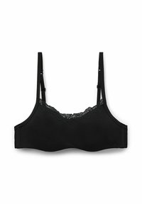 Černý bralet s nastavitelnými ramínky a krajkovým lemem podél horního okraje, položený na bílém pozadí.