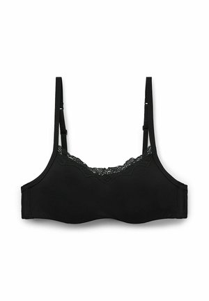 Zwarte bralette met verstelbare bandjes en kantafwerking langs de bovenrand, plat weergegeven op een witte achtergrond.
