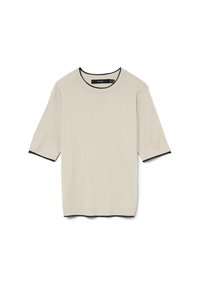 Kortärmad, ljusbeige T-shirt med rund hals och kontrasterande svart kant vid halsringningen och ärmarna, presenterad platt.