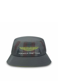 Szary kapelusz typu bucket z białymi i czerwonymi kropkami, z wyraźnym żółtym logo Aston Martin oraz napisem "FORMULA ONE TEAM".