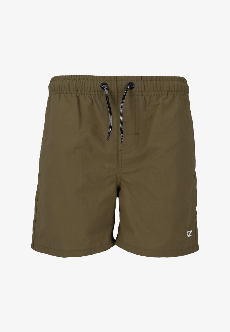 Shorts de bain vert olive en tissu léger. Dotés d'une ceinture élastique avec cordon de serrage et d'un petit logo distinctif.
