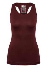 Top da donna atletico senza cuciture di colore bordeaux con schiena a racer. Etichetta di cura stampata all'interno e piccolo logo vicino all'orlo.