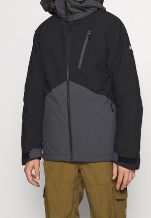 Zwart en donkergrijs geïsoleerd jack met een ritssluiting aan de voorkant, verstelbare capuchon, borstzak en manchetklemmen; met een colorblock-ontwerp.