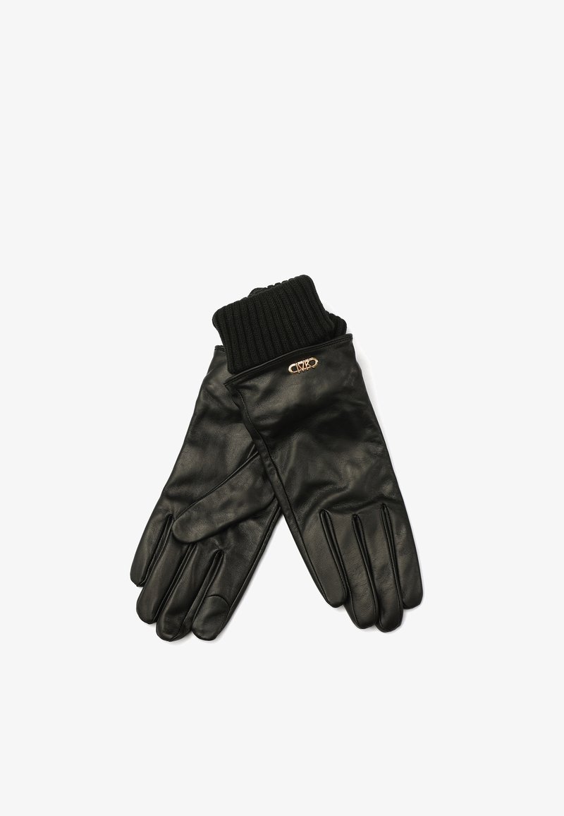 Sorte læderhandsker med ribstrikkede sorte manchetter, med et guldfarvet logo. Glat tekstur, design med fem fingre.