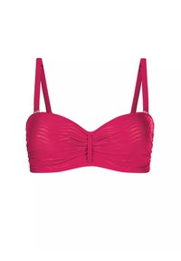 Różowy bikini bandeau z regulowanymi ramiączkami, marszczoną teksturą i centralnym akcentem. Gładki materiał z subtelnym połyskiem.