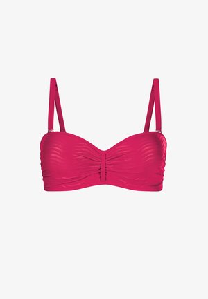 Różowy bikini bandeau z regulowanymi ramiączkami, marszczoną teksturą i centralnym akcentem. Gładki materiał z subtelnym połyskiem.
