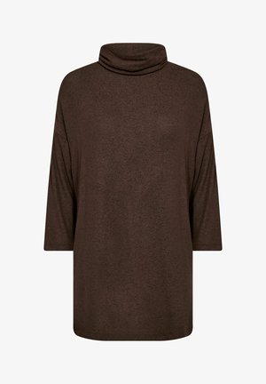 Haut marron à manches longues avec un col bénitier, fabriqué en tissu doux ; présente une coupe décontractée et une texture subtile sur l'ensemble du matériau.