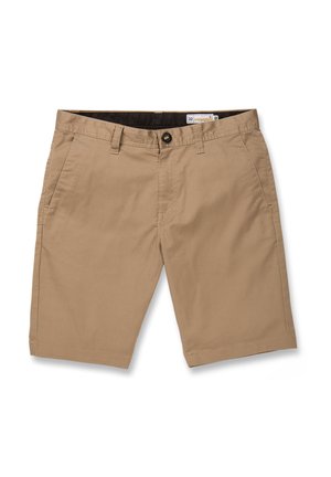 Beige herreshorts til kneet med knappelukking, beltestropper, sidelommer og størrelse 32-merke.