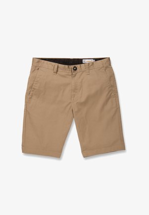 Beige herreshorts til kneet med knappelukking, beltestropper, sidelommer og størrelse 32-merke.