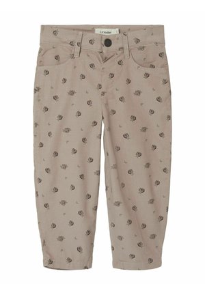 Pantaloni in velluto a coste beige con motivo di rose su tutta la superficie, dotati di tasche anteriori e chiusura con bottone. Texture morbida e design con gamba affusolata.