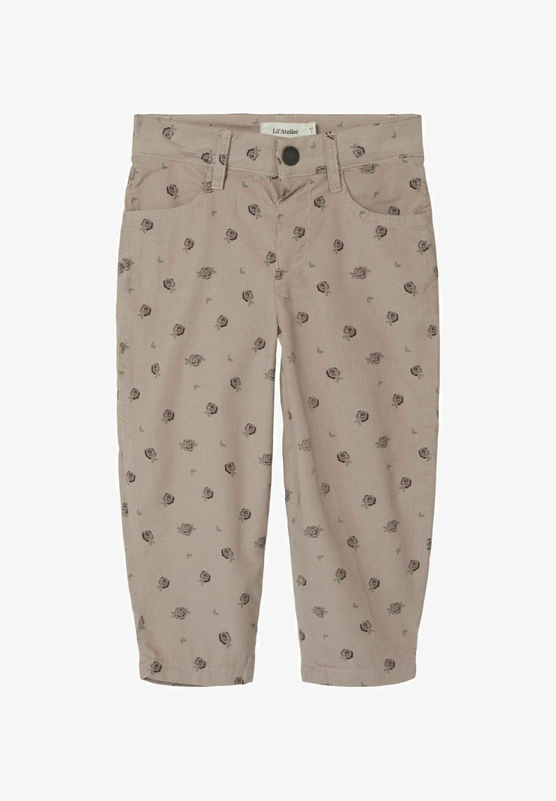 Pantaloni in velluto a coste beige con motivo di rose su tutta la superficie, dotati di tasche anteriori e chiusura con bottone. Texture morbida e design con gamba affusolata.