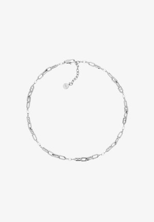 Collier en chaîne argentée présentant des maillons allongés et de petites perles blanches éparpillées ici et là. Fermé par un fermoir et une chaîne ajustable.