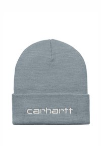 Szara dziana czapka z mankietem, z haftowanym logo "Carhartt" w jasnym beżu. Miękka tekstura, okrągły kształt góry.