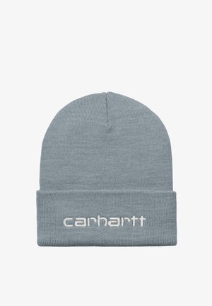 Szara dziana czapka z mankietem, z haftowanym logo "Carhartt" w jasnym beżu. Miękka tekstura, okrągły kształt góry.