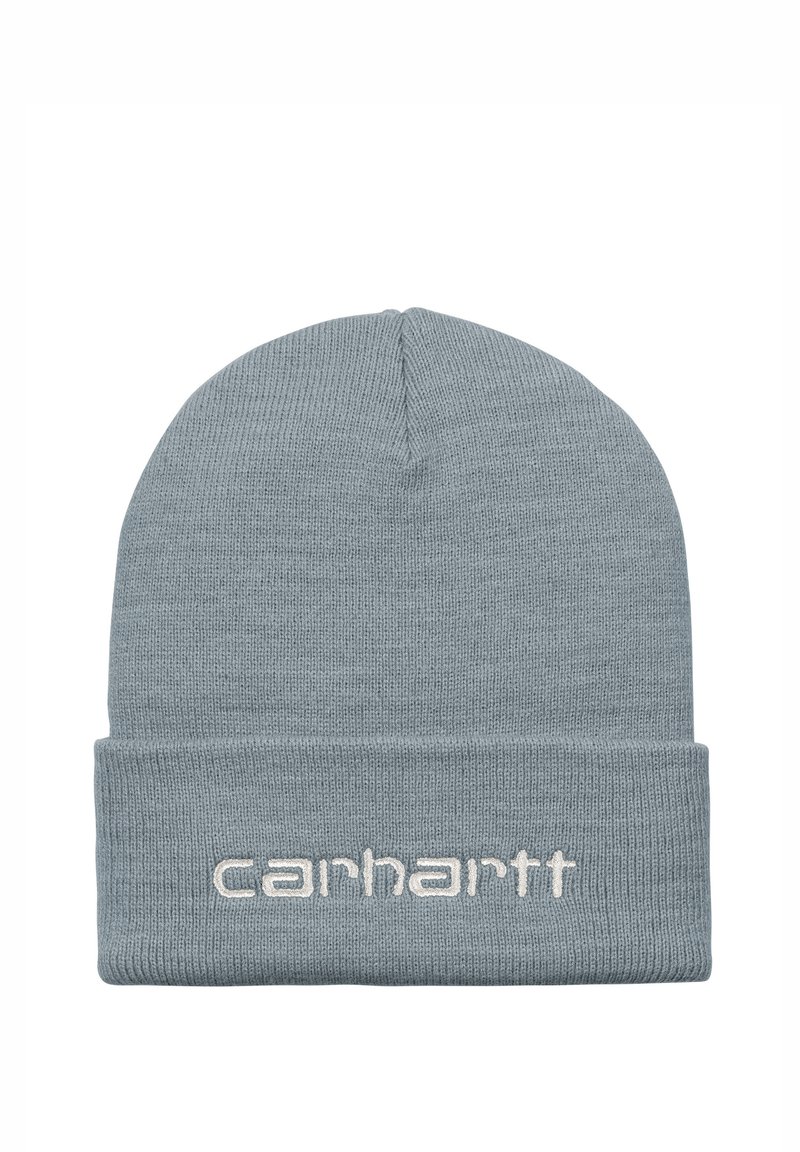 Szara dziana czapka z mankietem, z haftowanym logo "Carhartt" w jasnym beżu. Miękka tekstura, okrągły kształt góry.