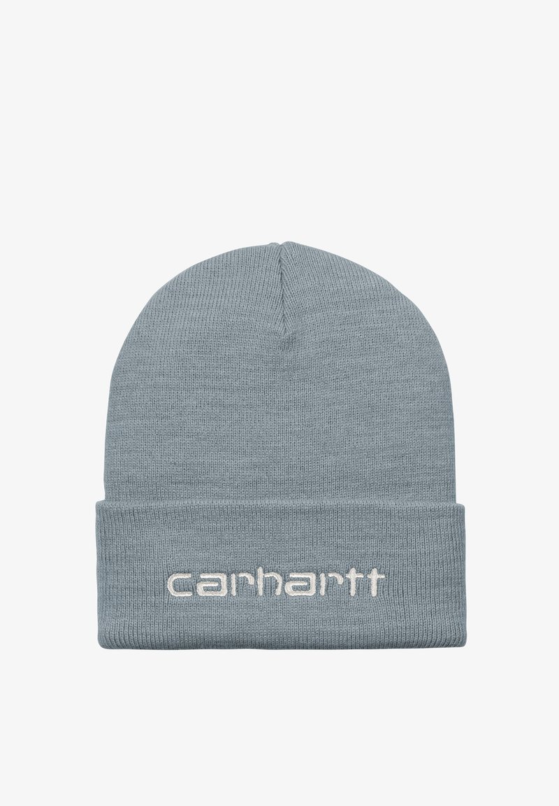 Szara dziana czapka z mankietem, z haftowanym logo "Carhartt" w jasnym beżu. Miękka tekstura, okrągły kształt góry.