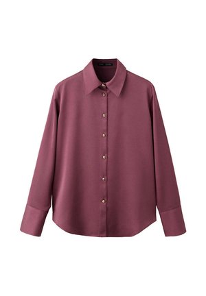 Chemise mauve à manches longues avec boutons, larges poignets et col pointu, présentée sur fond blanc uni.