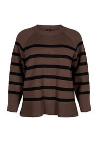 Maglione marrone a righe con strisce nere orizzontali, colletto rotondo e orlo a costine con spacchi laterali; materiale in maglia morbida.