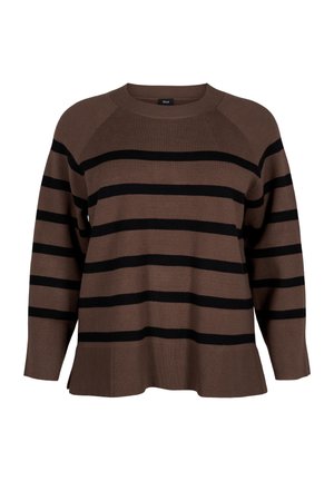 Pruun triibuline kampsun, millel on horisontaalsed mustad triibud, ümmargune kaelus ja ribarežiimiga hem külgsuunas lõhetel; pehme kudumise materjal.