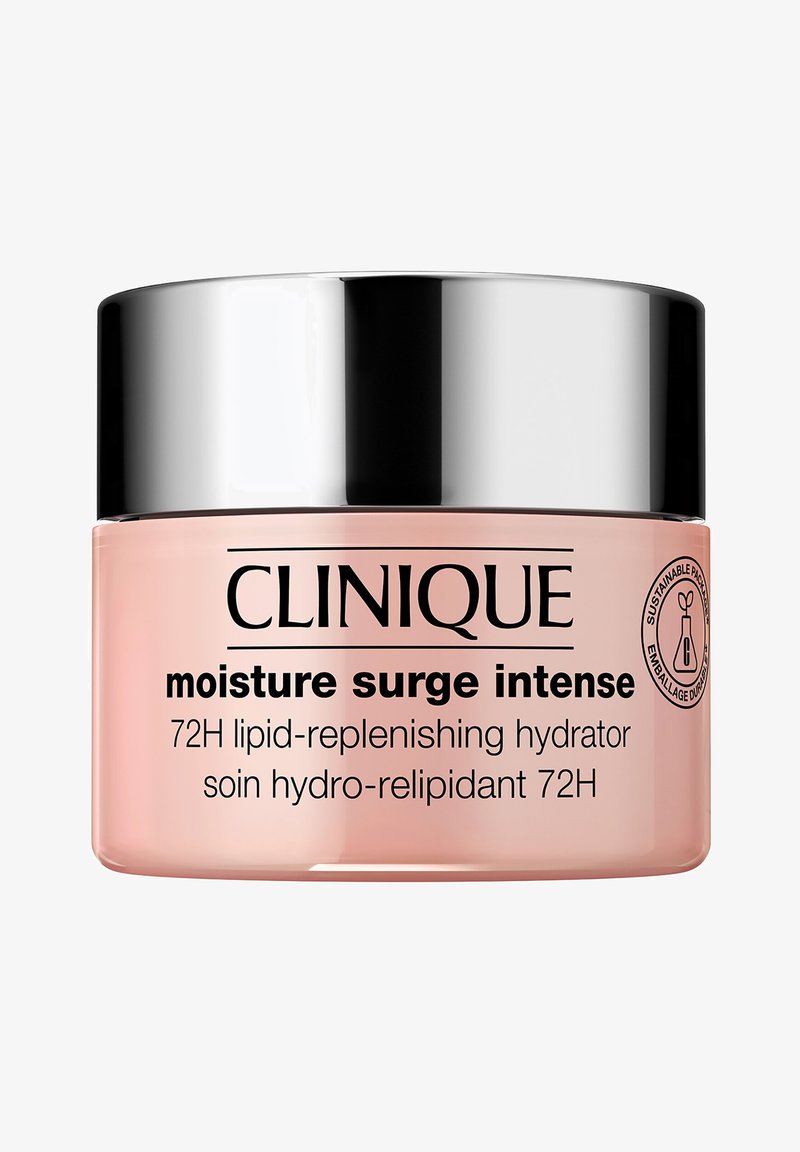 Clinique Moisture Surge Intense, a pink cream in a round glass jar with a reflective silver lid, features black text and a sustainability icon.