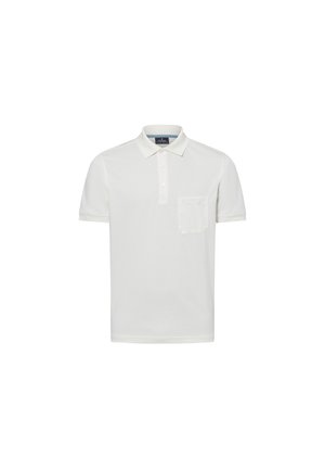 Weißes Poloshirt aus Baumwolle, mit Kragen, kurzen Ärmeln und einer Brusttasche auf der linken Seite. Glatte Textur mit einem minimalistischen Design.