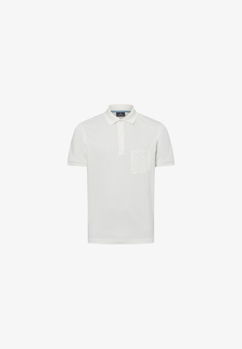 Weißes Poloshirt aus Baumwolle, mit Kragen, kurzen Ärmeln und einer Brusttasche auf der linken Seite. Glatte Textur mit einem minimalistischen Design.