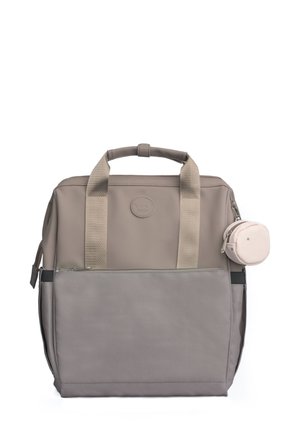 Taupe and gray tote bag with beige handles and a small round pink pouch attached to the right side zipper.