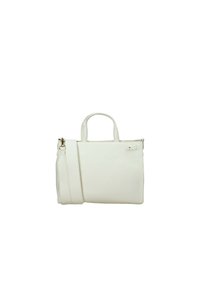 Borsa a tracolla sintetica bianca con due manici superiori, tracolla removibile, design piatto e dettagli discreti del logo del marchio sulla parte anteriore.