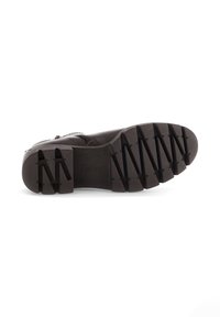 Schwarze Knöchelstiefel mit einer strukturierten Gummisohle im Zickzackmuster, geprägtem Markenlogo und glattem Lederobermaterial mit einem Reißverschluss.