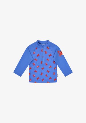 Blue long-sleeve child's swim shirt with red crab patterns and a front zipper extending to the collar.