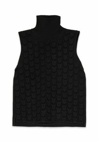 Haut noir sans manches à col roulé présentant un motif texturé de formes en relief et superposées sur toute la partie avant. Tissu en tricot lisse.