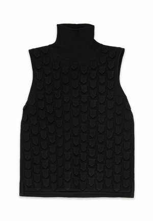 Top nero senza maniche con collo alto, caratterizzato da un motivo testurizzato di forme sovrapposte in rilievo sulla parte anteriore. Tessuto in maglia liscia.
