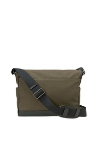 Borsa a tracolla verde in canvas con una tracolla nera, dotata di chiusura a patta, accessori in metallo argentato e un fondo a trama.