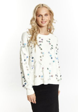 Witte trui met een gestructureerd oppervlak en kleurrijke pailletten verspreid over het geheel. Beschikt over geribbelde manchetten en zoom voor een comfortabele pasvorm.