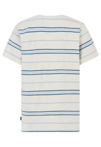 Korte mouwen t-shirt in crème met horizontale blauwe strepen, voorzien van een ronde hals en een rechte zoom, gemaakt van zacht katoen.