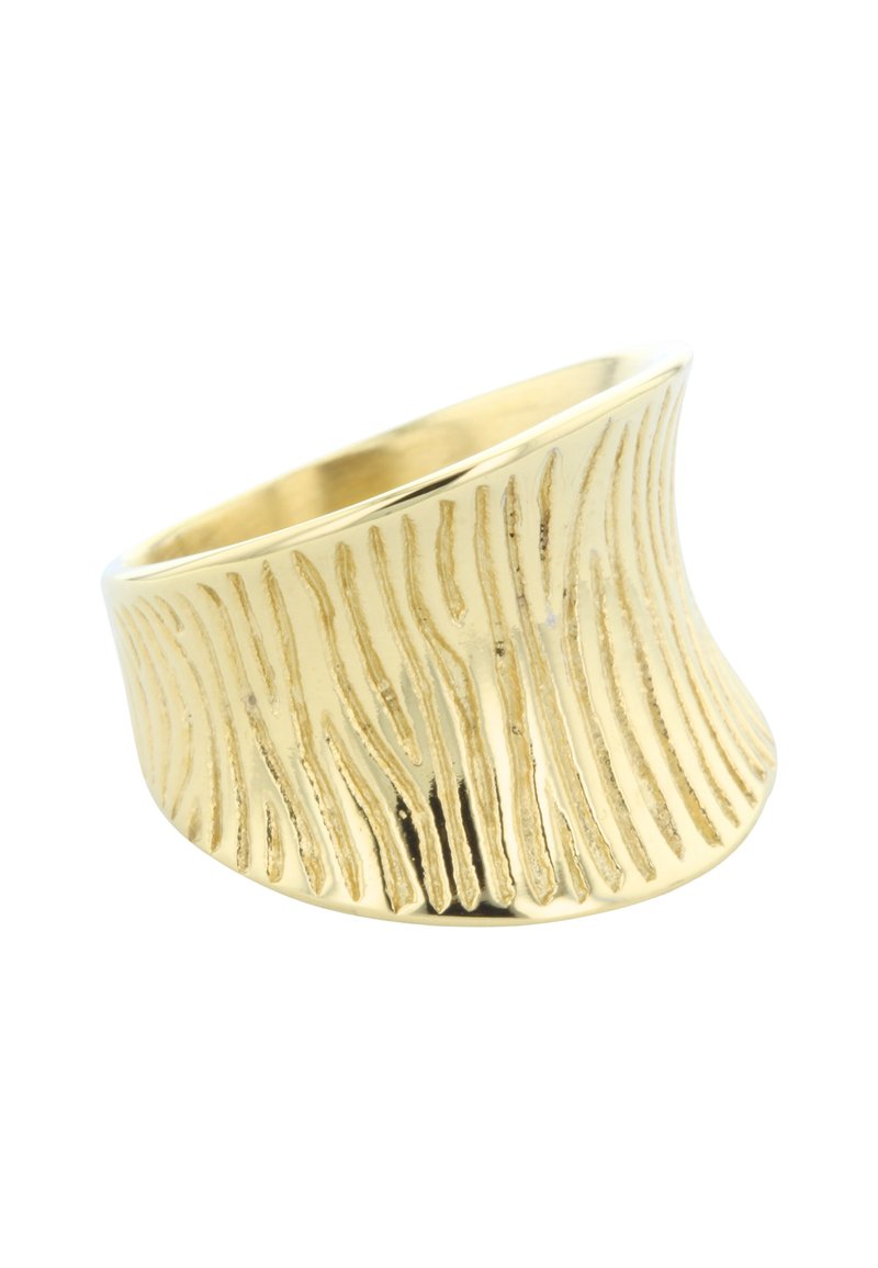Gold-colored ring with a wavy, textured surface featuring vertical lines, wider at the base and tapering towards the top.