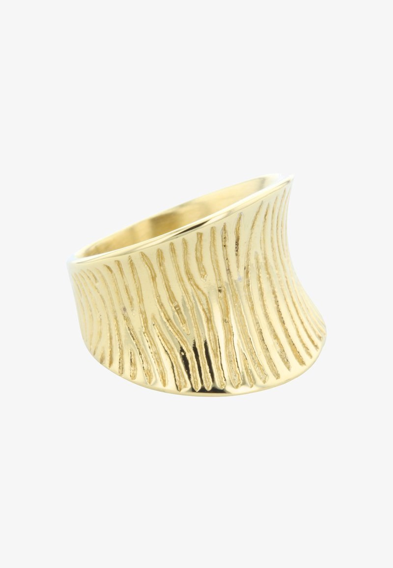 Gold-colored ring with a wavy, textured surface featuring vertical lines, wider at the base and tapering towards the top.