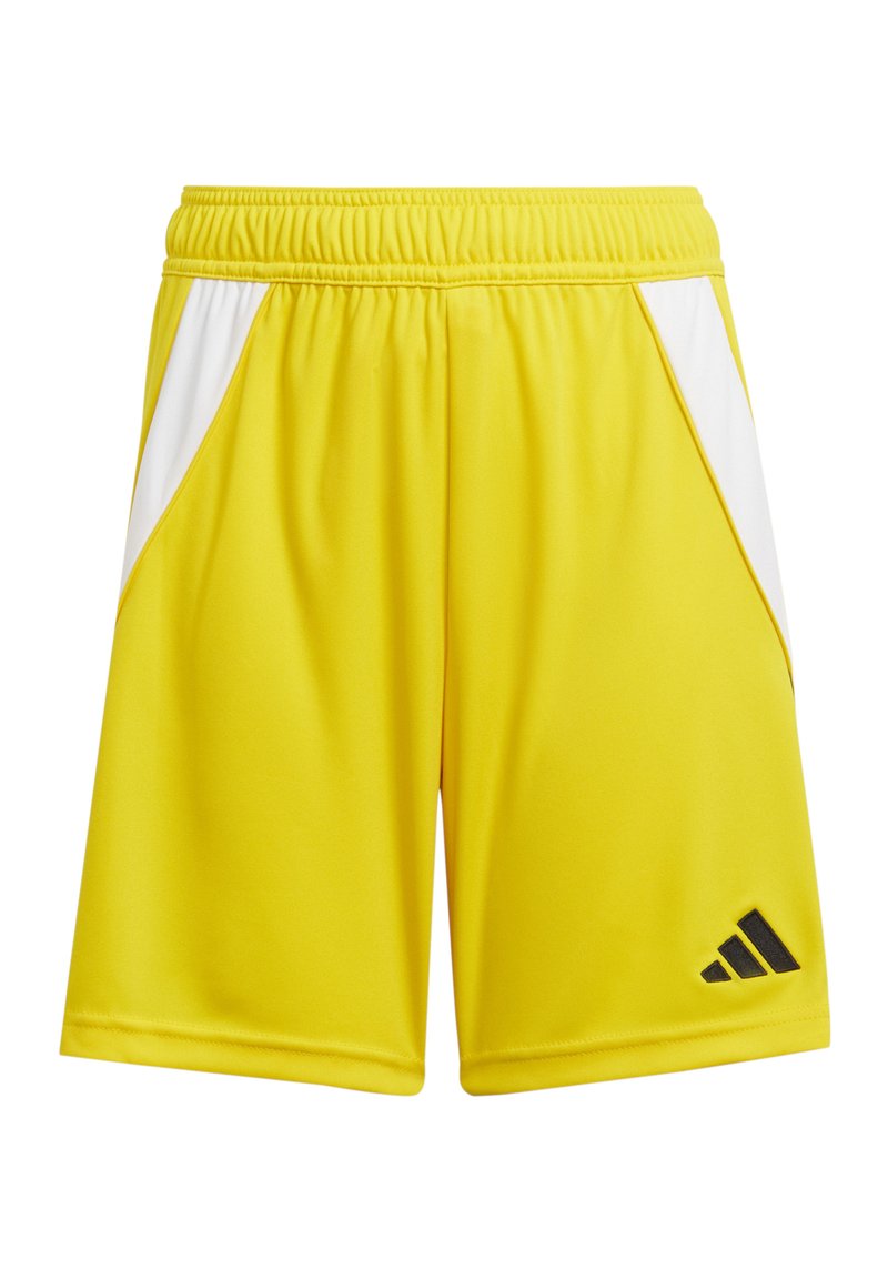 Felgekleurde gele sportshorts met een elastische tailleband, witte zijpanelen en een zwart logo op de rechteronderkant. Glad, lichtgewicht materiaal.
