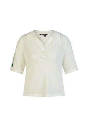 White short-sleeve mesh polo shirt with a collar, V-neck, and subtle decorative details on the left chest and sleeve.
