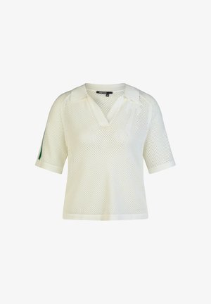 White short-sleeve mesh polo shirt with a collar, V-neck, and subtle decorative details on the left chest and sleeve.