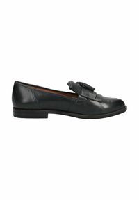 Loafers negri din piele cu toc jos, având un detaliu frontal cu ciucure și o textură netedă, concepuți pentru a fi purtați ușor.