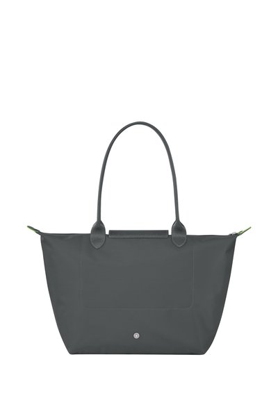 Grey tote bag made of nylon with leather straps. Features a large main compartment and a front exterior pocket with a subtle logo detail.